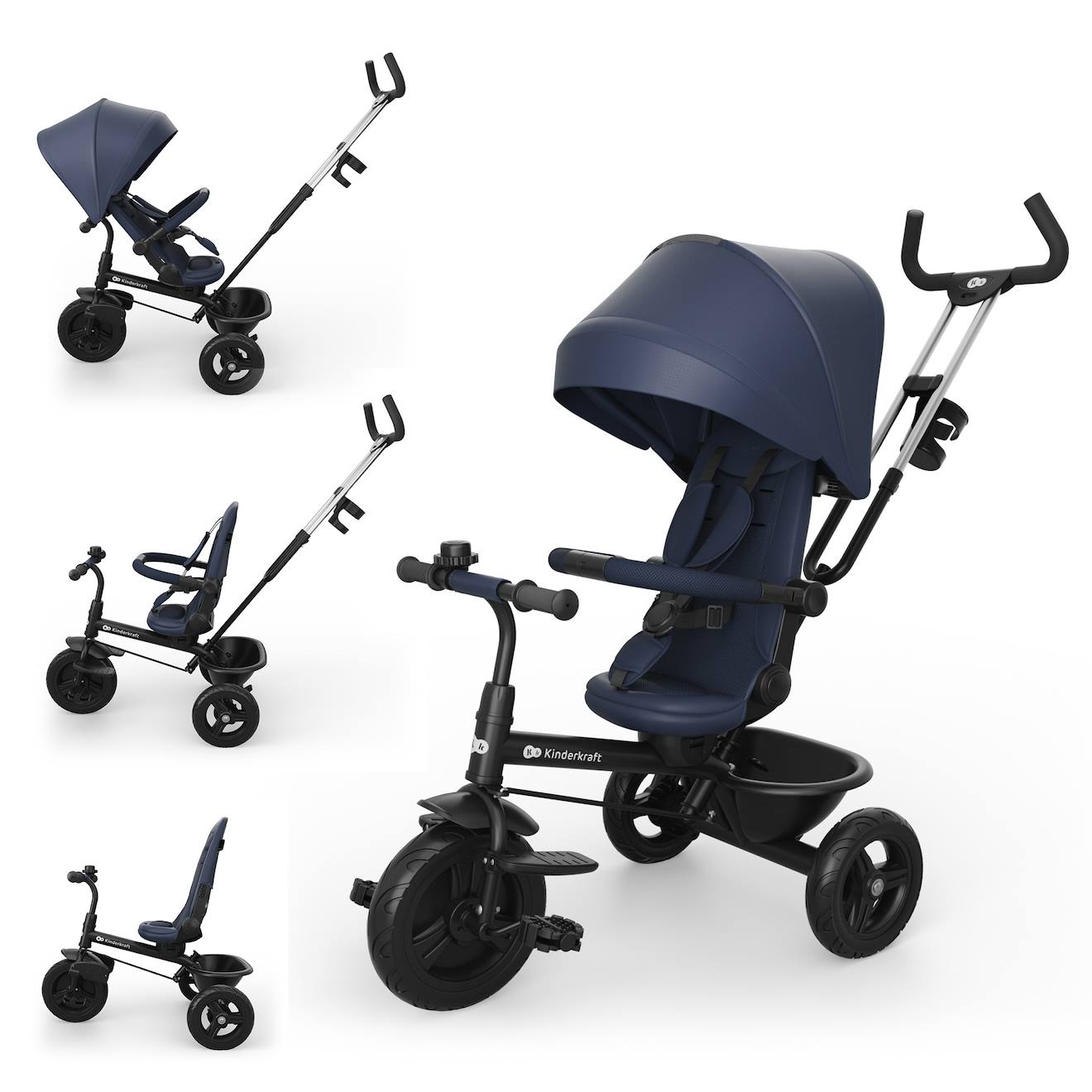 KRIDDO Tricycle Évolutif 6-en-1 – De 18 Mois à 5 Ans Avec Poignée Parentale, Harnais 3 Points Et Sac De Rangement (Gris)