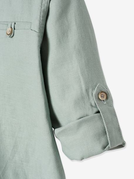 Chemise col Mao en coton/lin garçon manches retroussables blanc+bleu ciel+Bleu moyen+vert 27 - vertbaudet enfant 