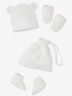 -Ensemble bonnet, moufles et chaussons bébé naissance et son sac assorti