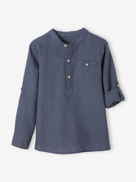 Chemise col Mao en coton/lin garçon manches retroussables blanc+bleu ciel+Bleu moyen+vert 19 - vertbaudet enfant 