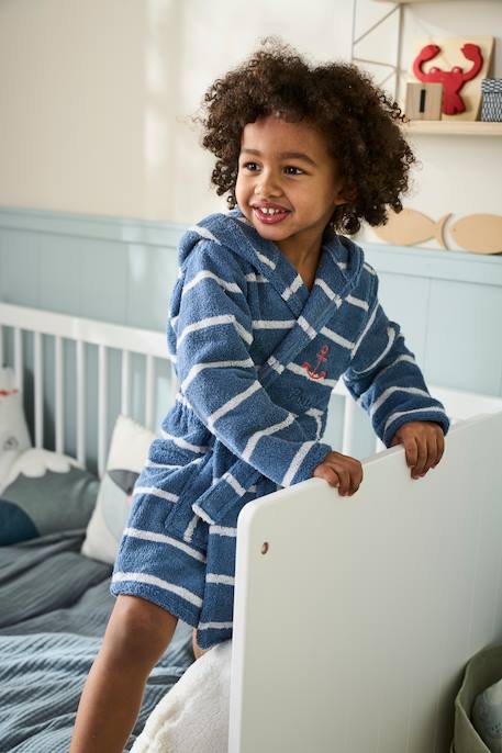 Vêtements bébé et enfants à personnaliser-Garçon-Peignoir de bain rayé enfant à capuche et personnalisable