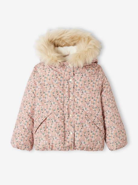 Fille-Manteau, veste-Doudoune courte à capuche imprimée fleurs fille