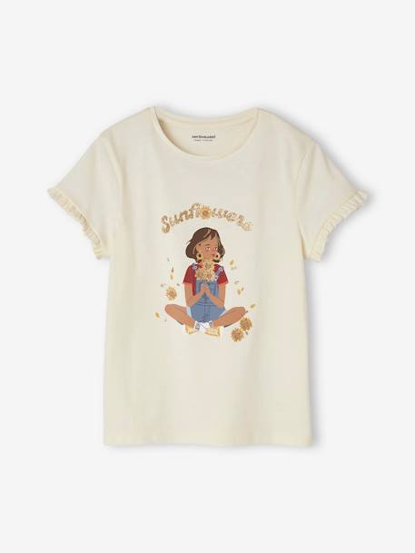 Tee-shirt 'Egérie' fille manches courtes volantées écru+ivoire+rose pâle+rose poudré+vert d'eau 5 - vertbaudet enfant 