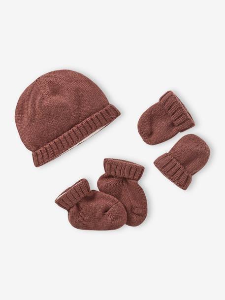 Bébé-Accessoires-Ensemble naissance en tricot bonnet + moufles + chaussons
