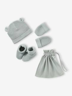 -Ensemble bonnet, moufles et chaussons bébé naissance et son sac assorti