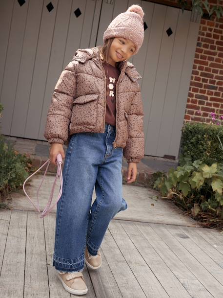 Fille-Manteau, veste-Doudoune à capuche imprimée doublée polaire fille