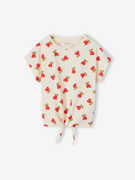 T-shirt imprimé fille avec noeud fantaisie blanc / rouge+écru+kaki+marine+rose mauve imprimé+vanille+vert 25 - vertbaudet enfant 