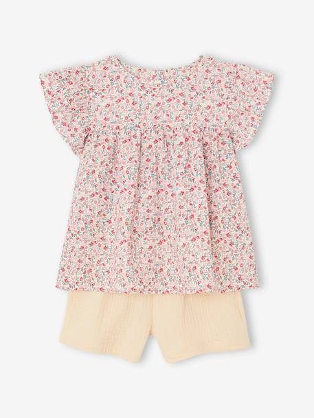 Fille-Short-Ensemble blouse à fleurs et short en gaze de coton fille