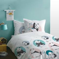 -Parure de lit enfant en coton imprimé panda 140 x 200 cm Blanc