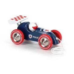 Jouet-Premier âge-Voiture de course à trainer - VILAC - Police - Bois - Bleu, rouge et blanc