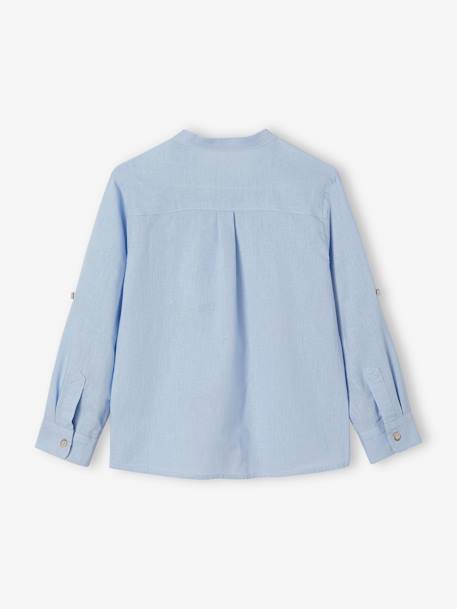 Chemise col Mao en coton/lin garçon manches retroussables blanc+bleu ciel+Bleu moyen+vert 15 - vertbaudet enfant 