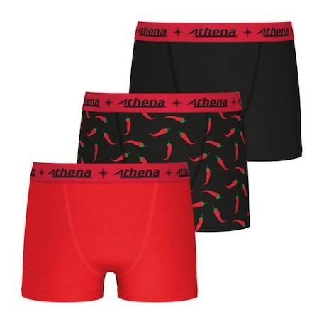 Garçon-Sous-vêtement-Slip, Boxer-ATHENA Lot de 3 boxers  Trio Pop Rouge-Imprimé Piment-Noir Garçon