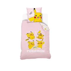 -Housse De Couette Pikachu Pokémon 140x200 cm + 1 Taie d'oreiller 63x63 cm - 100% Coton - Rose Pale