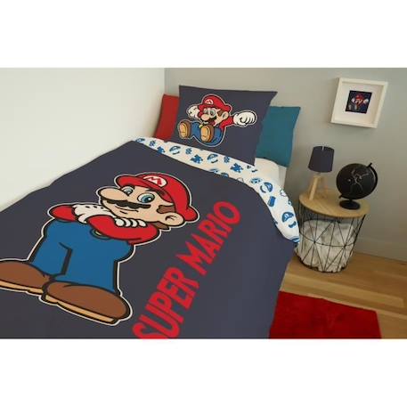 MARIO - Housse de couette Super Mario 140x200 cm + 1 Taie D'Oreiller 63x63 cm - 100% Coton - Bleu Marine BLEU 2 - vertbaudet enfant 