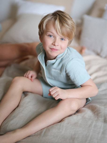 Vêtements bébé et enfants à personnaliser-Garçon-Pyjama short en gaze garçon personnalisable Team Famille personnalisable
