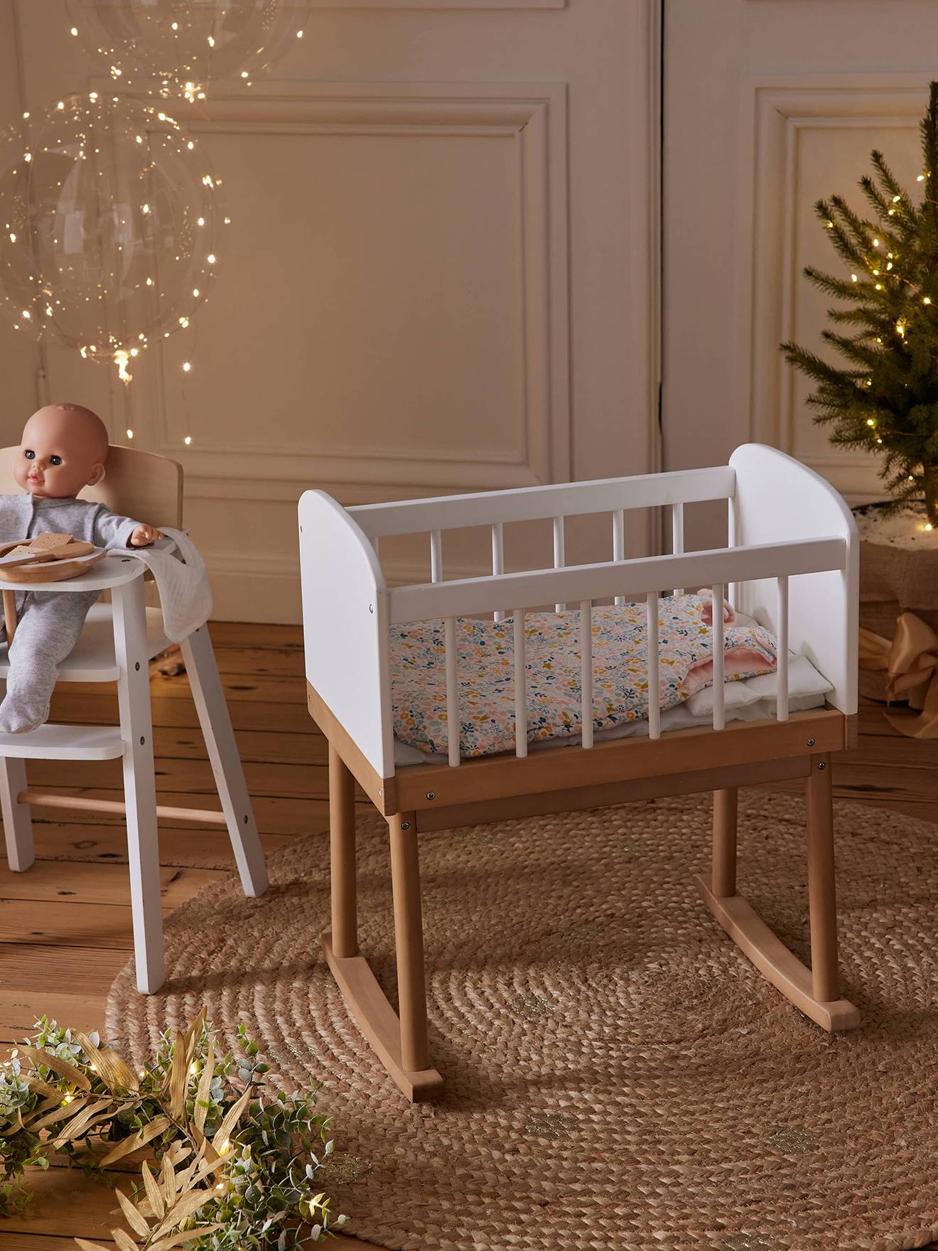VERTBAUDET Poussette Poupon En Bois Sherpa – Pour Poupées Jusqu'à 38 Cm, Jeu D'Imitation Dès 10 Mois, Design Imprimé Et Rabat De Rangement