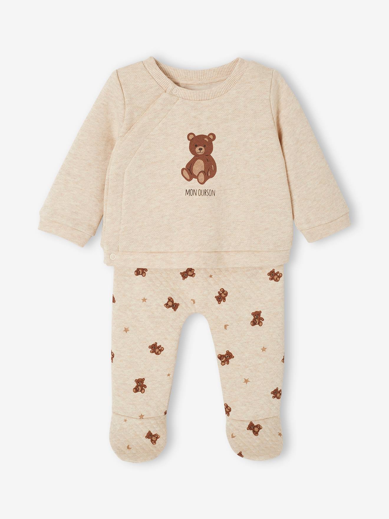 Ensemble Bébé 2 Pièces – Body Matelassé Blanc Avec Ours Et Pantalon Marron – Taille 0-18 Mois – Chaud Et Doux