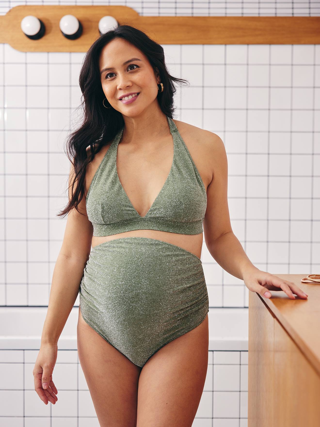 Maillot de bain de grossesse pièces irisé kaki