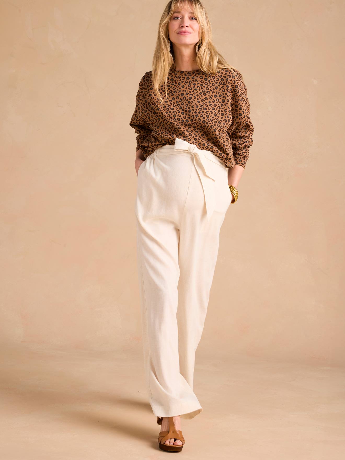 Pantalon de grossesse large matière légère avec lin beige
