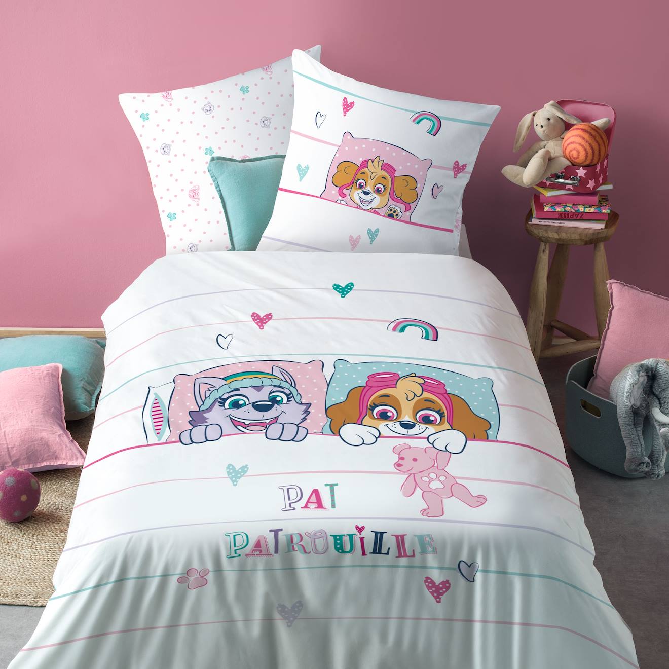 Parure de lit imprimée 100% coton, pat patrouille douce nuit blanc