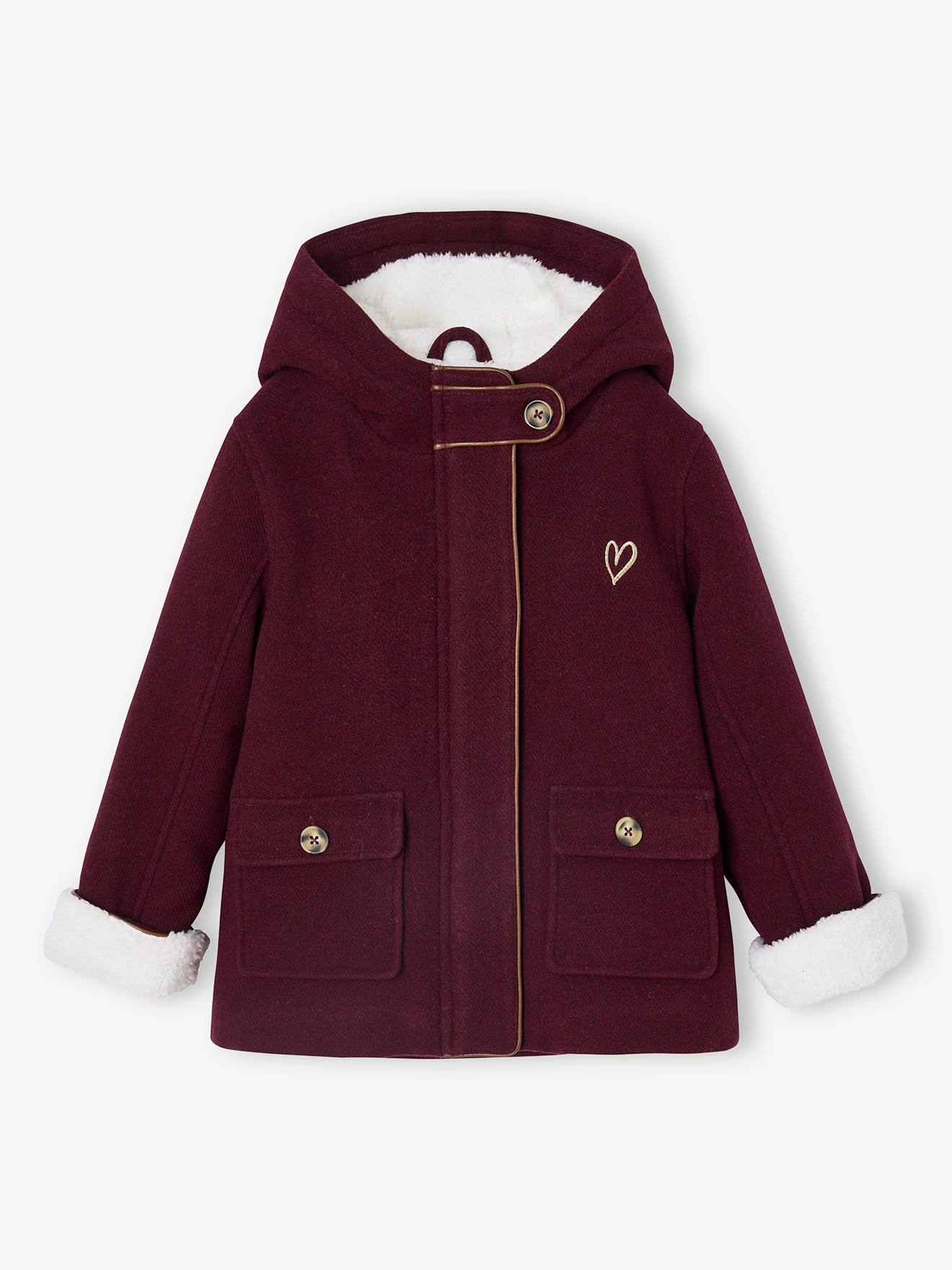 Manteau à capuche fille drap de laine doublé sherpa bordeaux