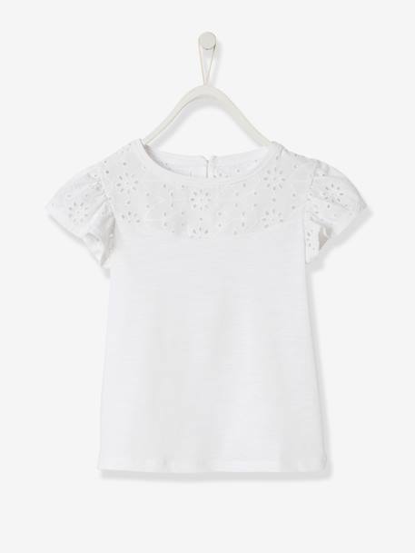 T-shirt fille avec détails broderie anglaise blanc+bleu marine+corail+fuchsia+mauve+vert pâle 2 - vertbaudet enfant 