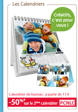 Cr&eacute;ez un calendrier personnalis&eacute; et profitez d'une r&eacute;duction de -50% sur le deuxi&egrave;me calendrier identique au premier. Pour en b&eacute;n&eacute;ficier, ins&eacute;rez le code PCNLC dans votre panier.