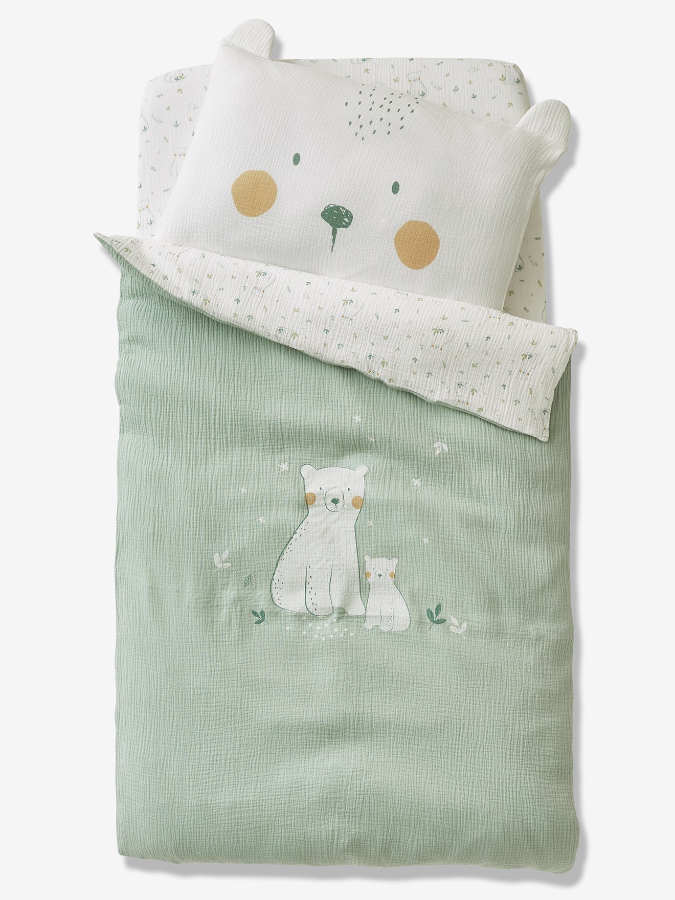 Housse De Couette Bebe En Gaze De Coton My Little Bear Oeko Tex Ecru Vert Vertbaudet