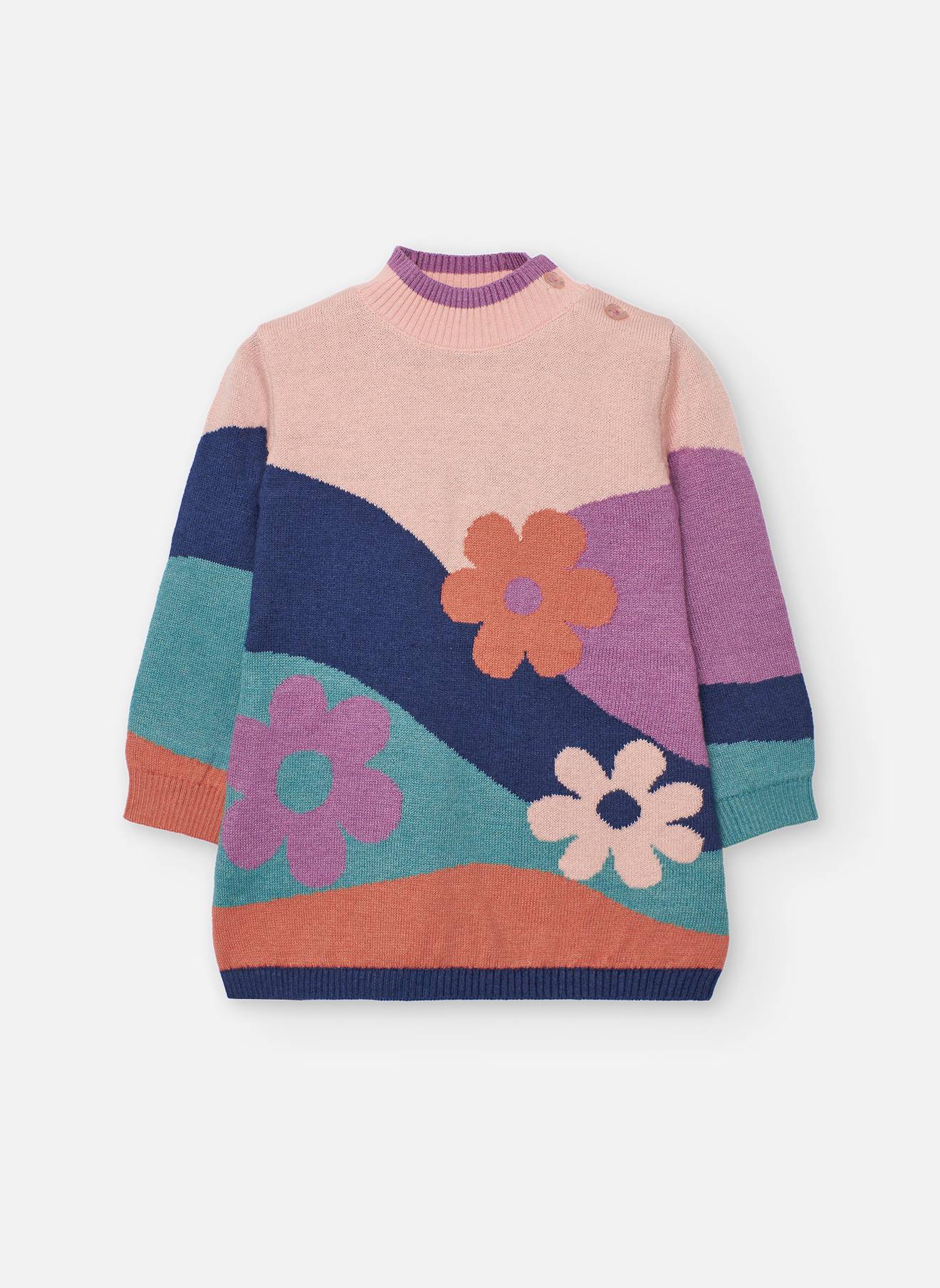 Robe Fleurs En Maille Rose