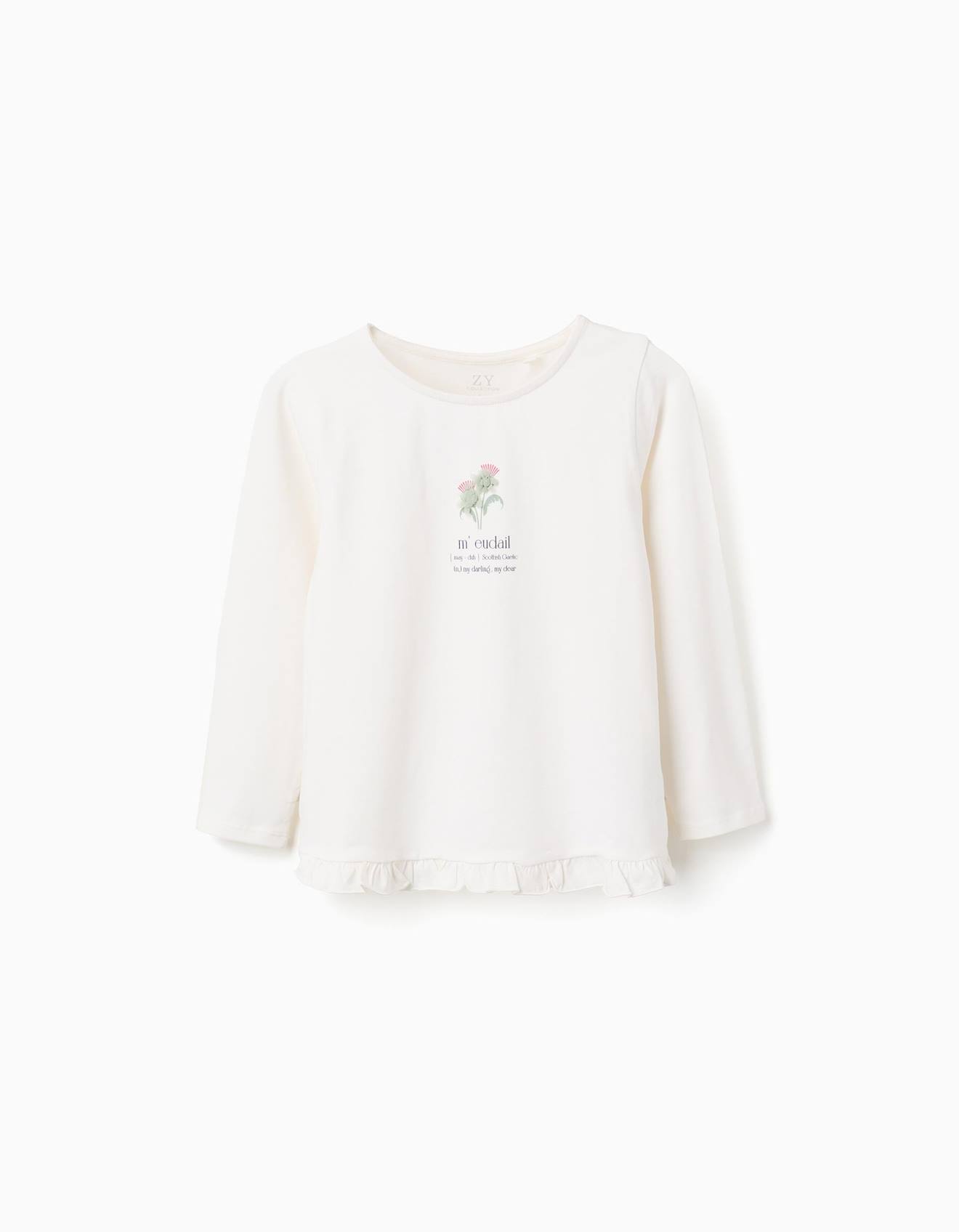 T-shirt À Manches Longues Avec Imprimé Fleurs Et Volants Blanc