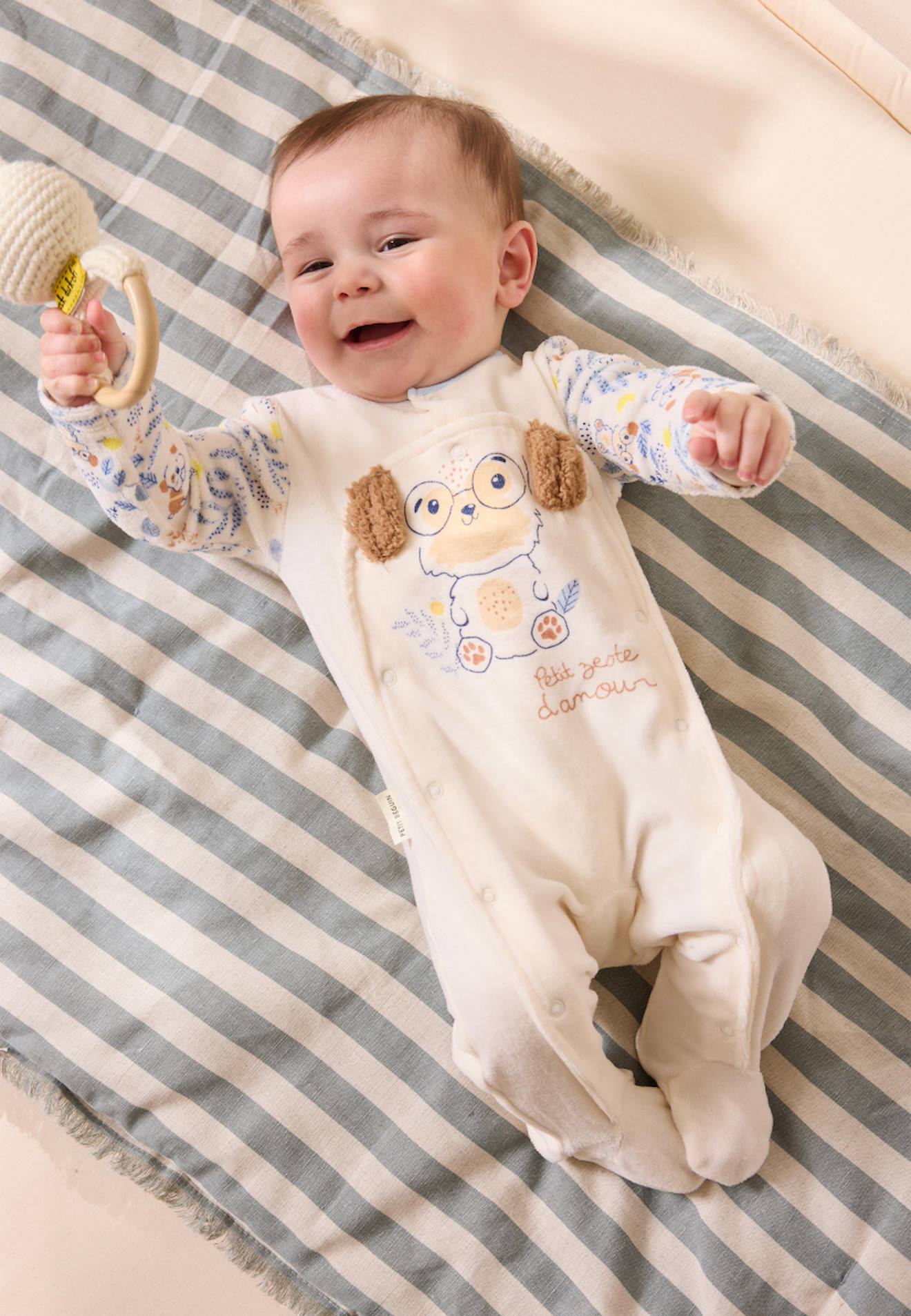 Pyjama Bébé En Velours Ouverture Pont Zeste D'amour Ecru