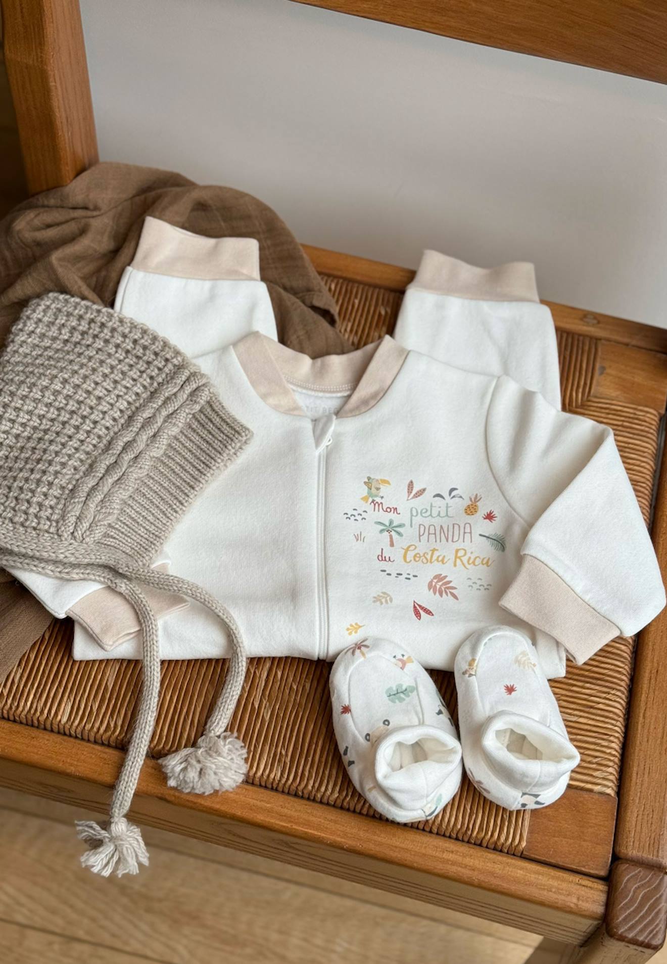 Combinaison Bébé En Molleton Et Chaussons Baby Panda Ecru