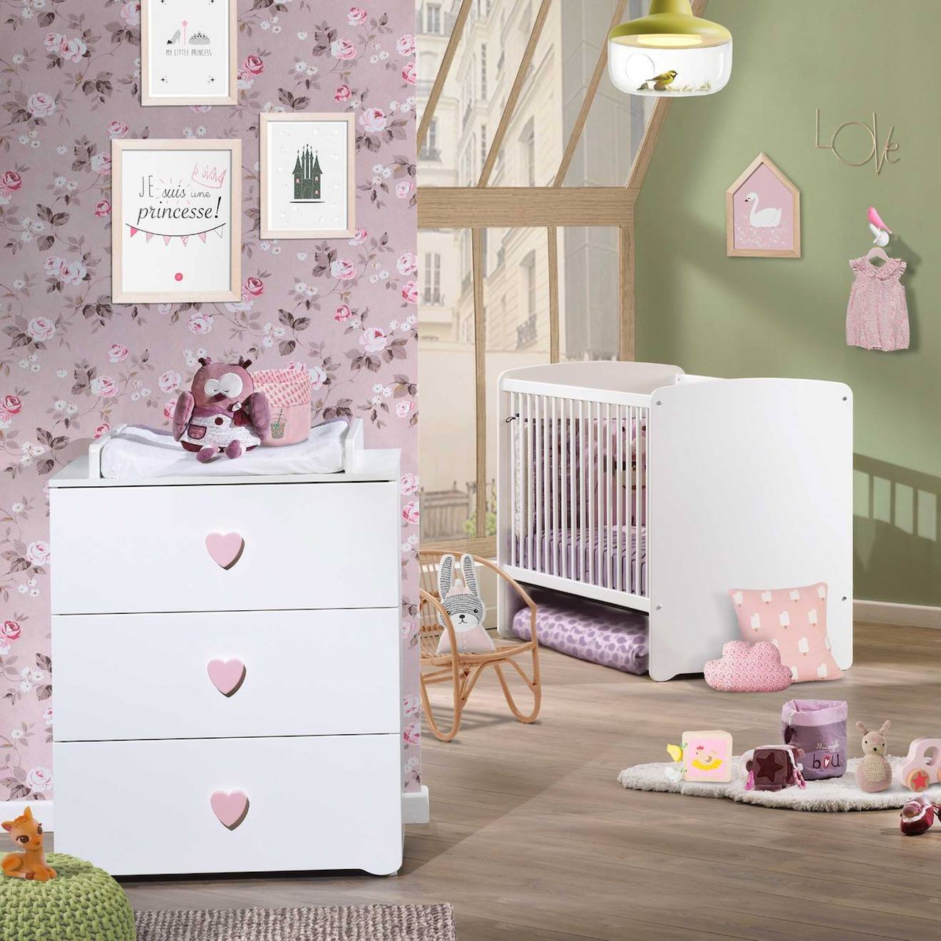 Chambre Complète Bébé Avec Lit À Barreaux Et Commode À Langer - Basic Blanc/rose