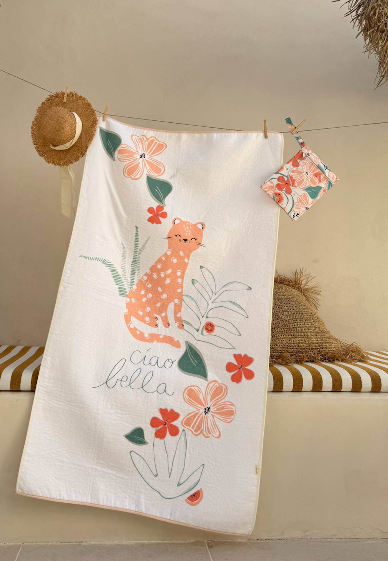 Serviette De Bain Bébé + Pochette Fleur Ecru