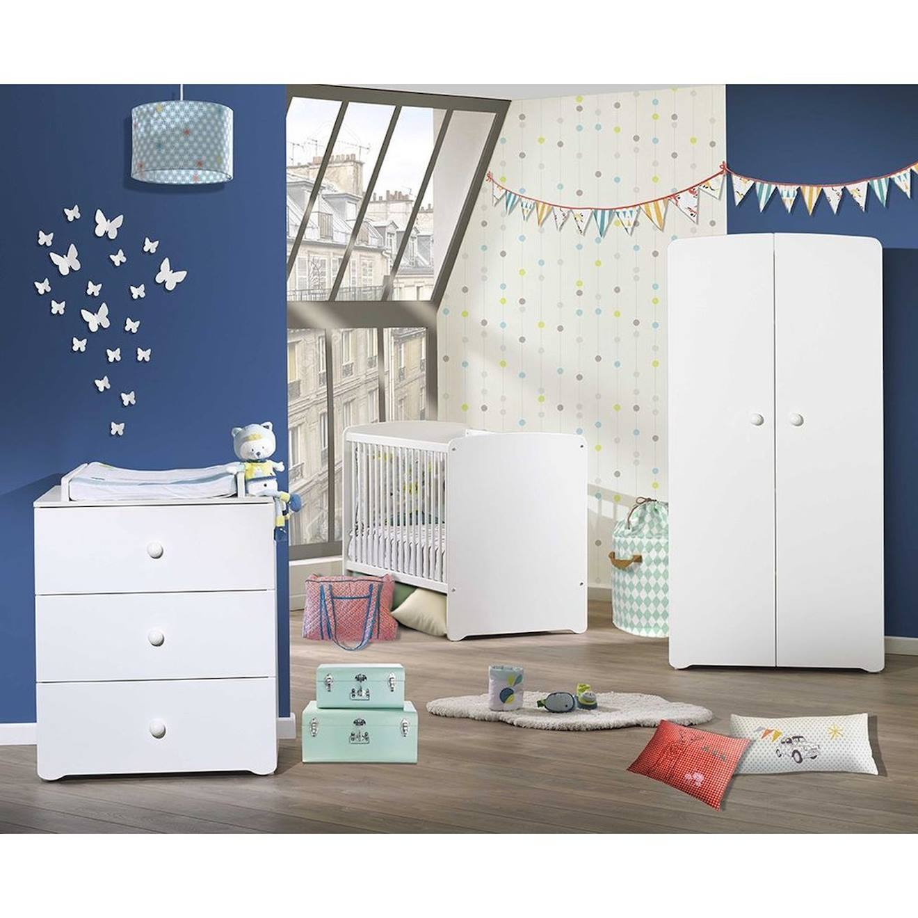 Chambre Complète Bébé Avec Lit À Barreaux, Commode À Langer Et Armoire 2 Portes - Basic Blanc