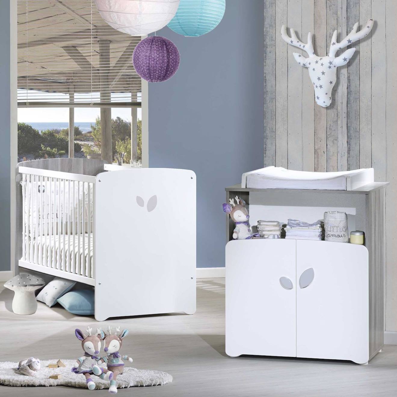 Chambre Duo Lit Et Commode À Langer En Bois - Leaf Blanc