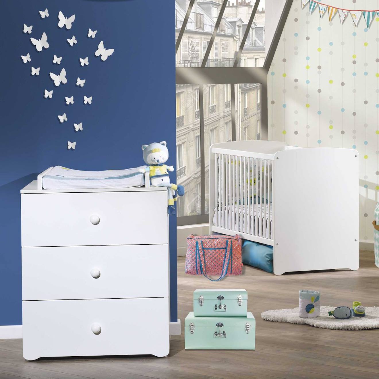 Chambre Complète Bébé Avec Lit À Barreaux Et Commode À Langer - Basic Blanc