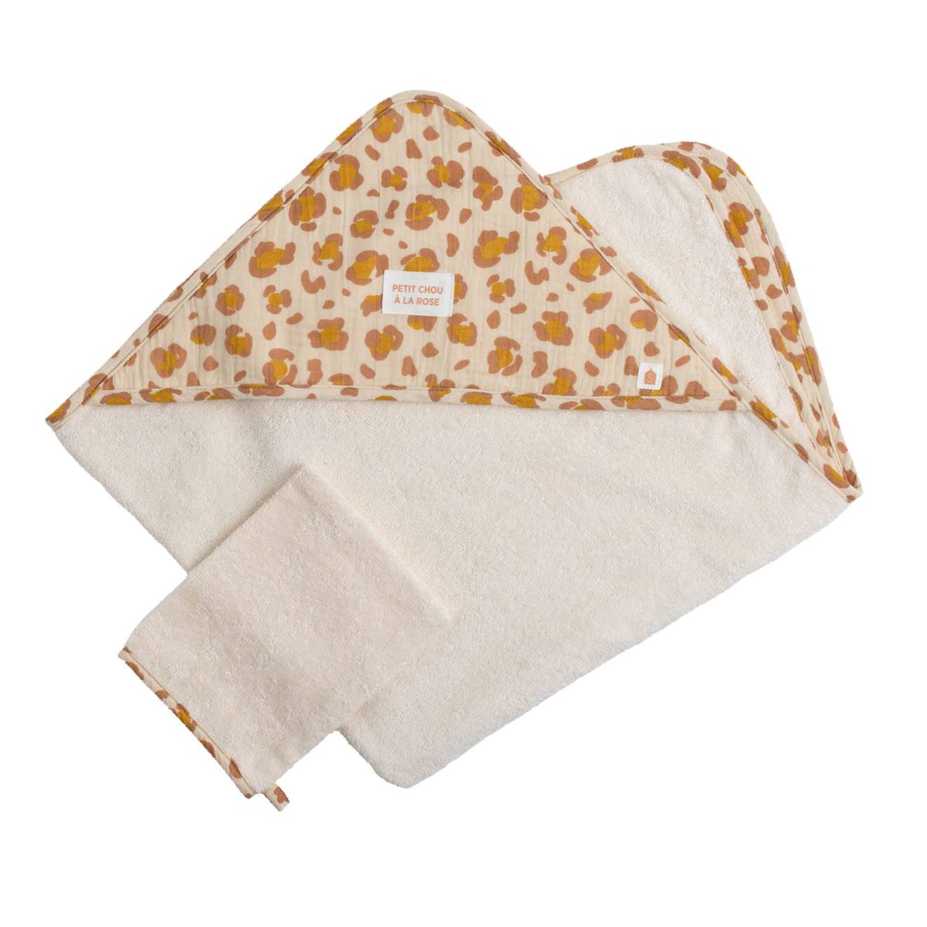 Cape De Bain Bébé En Gaze De Coton Et Gant Léopard - Petit Chou Ecru/rose