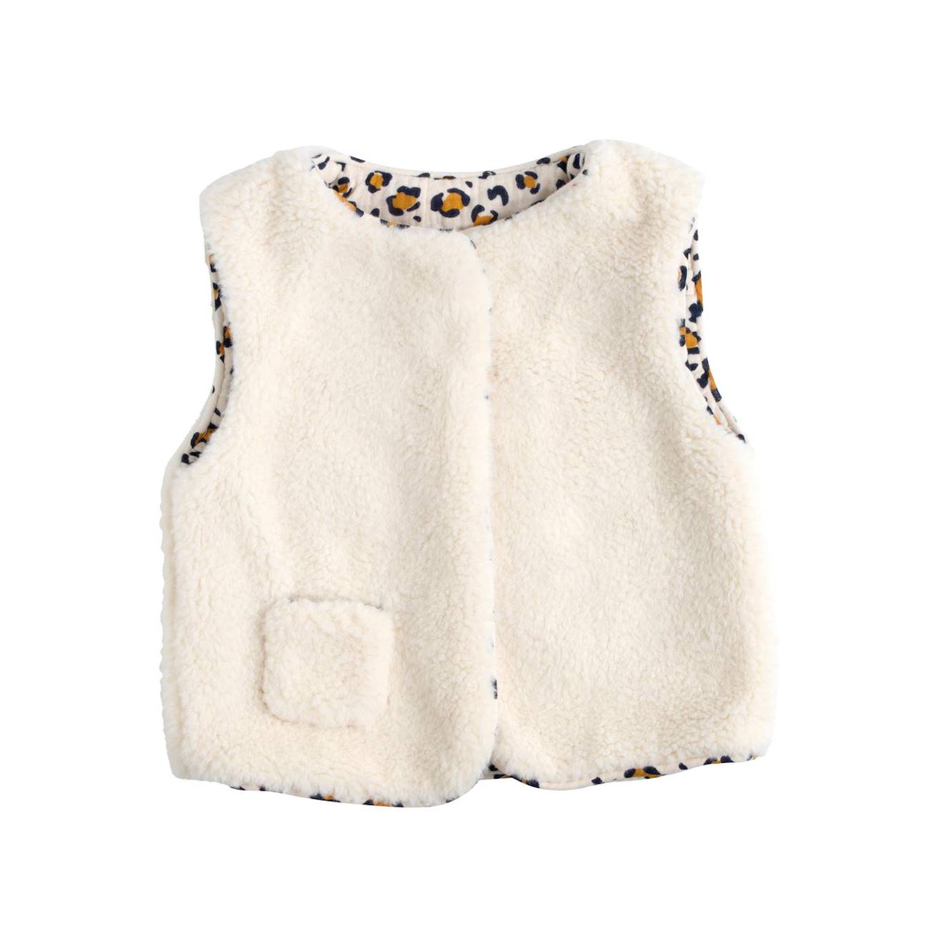 Gilet Sans Manche Bébé En Sherpa Et Intérieur Gaze De Coton Léopard Ecru