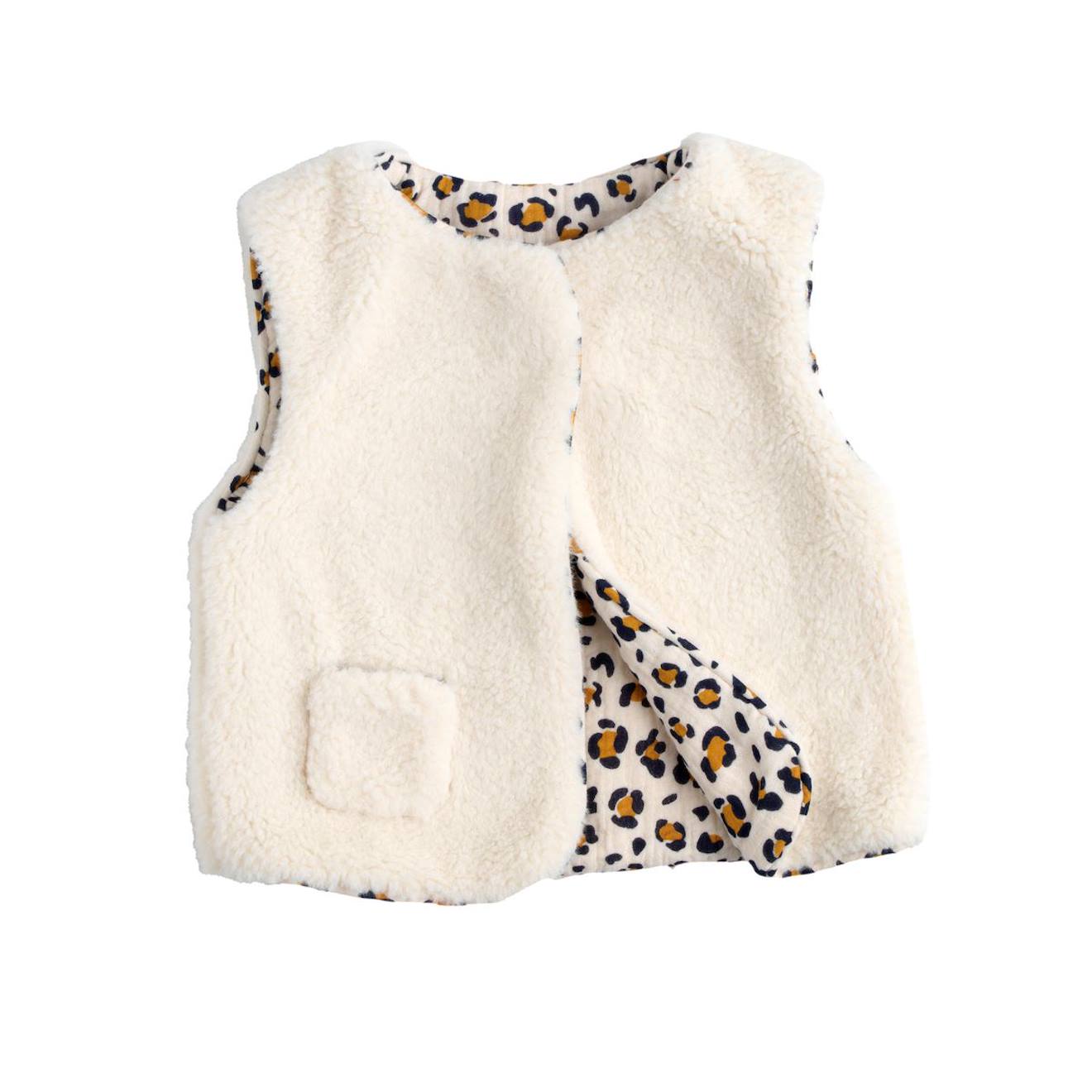 Gilet Sans Manche Bébé En Sherpa Et Intérieur Gaze De Coton Léopard Ecru (Sauthon) - Image 1