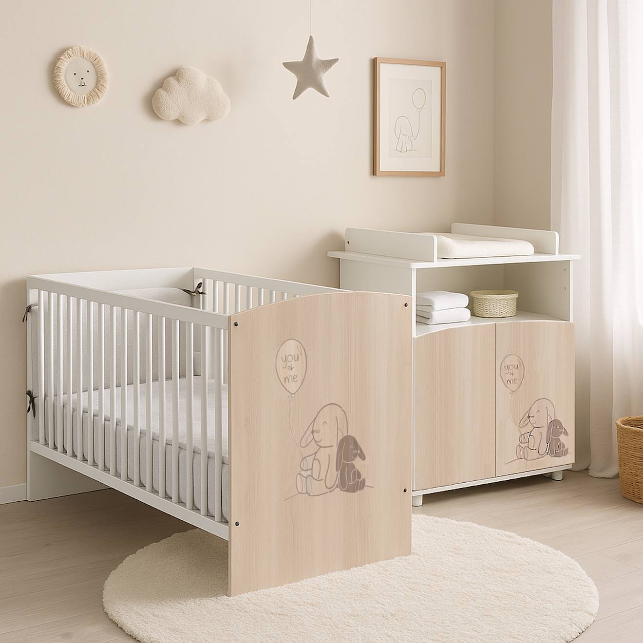 Lit 120x60 À Barreaux Décor Bois - Lapinou Beige (Baby Price) - Image 1