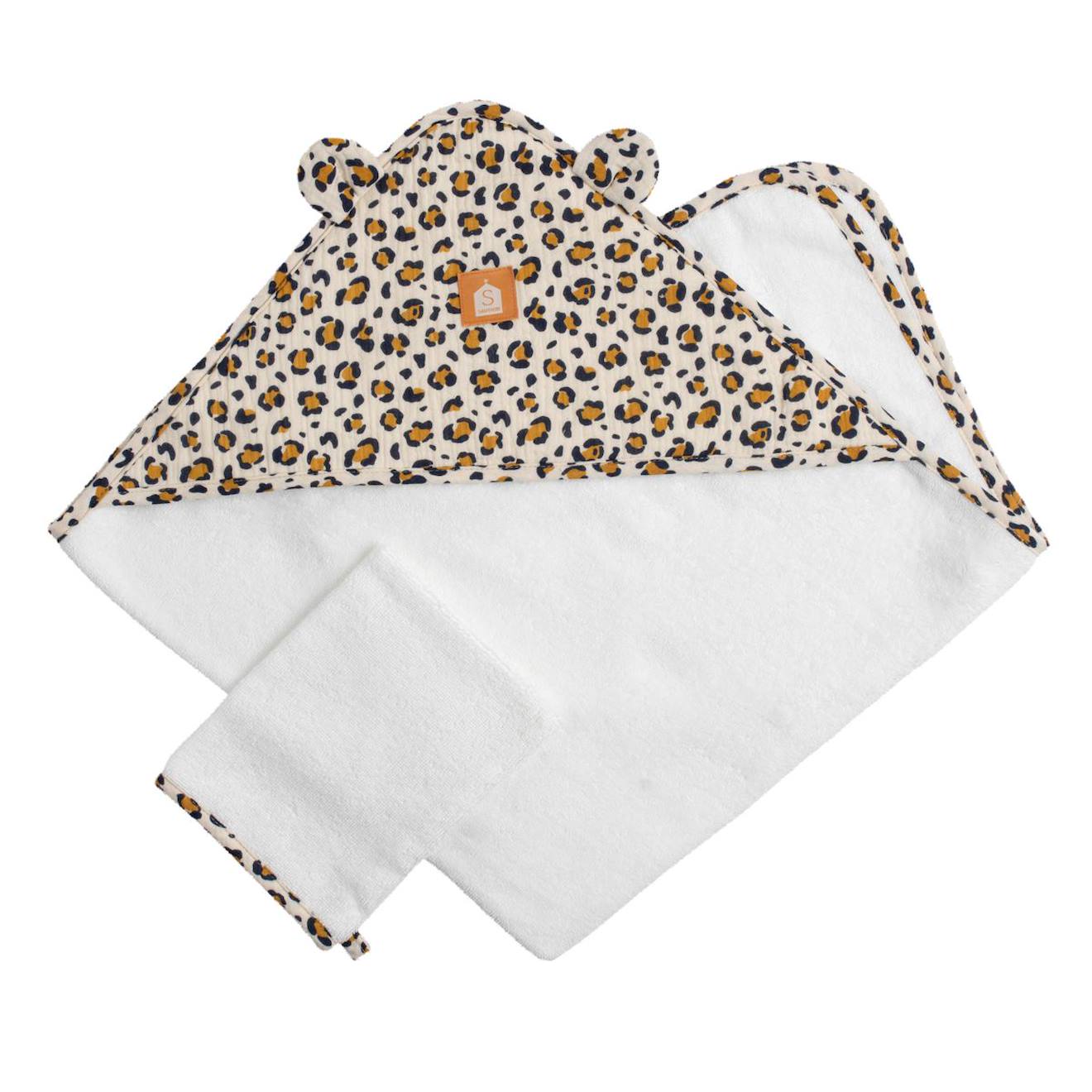 Cape De Bain Bébé En Gaze De Coton Et Gant Léopard - Petit Chou Ecru/noir