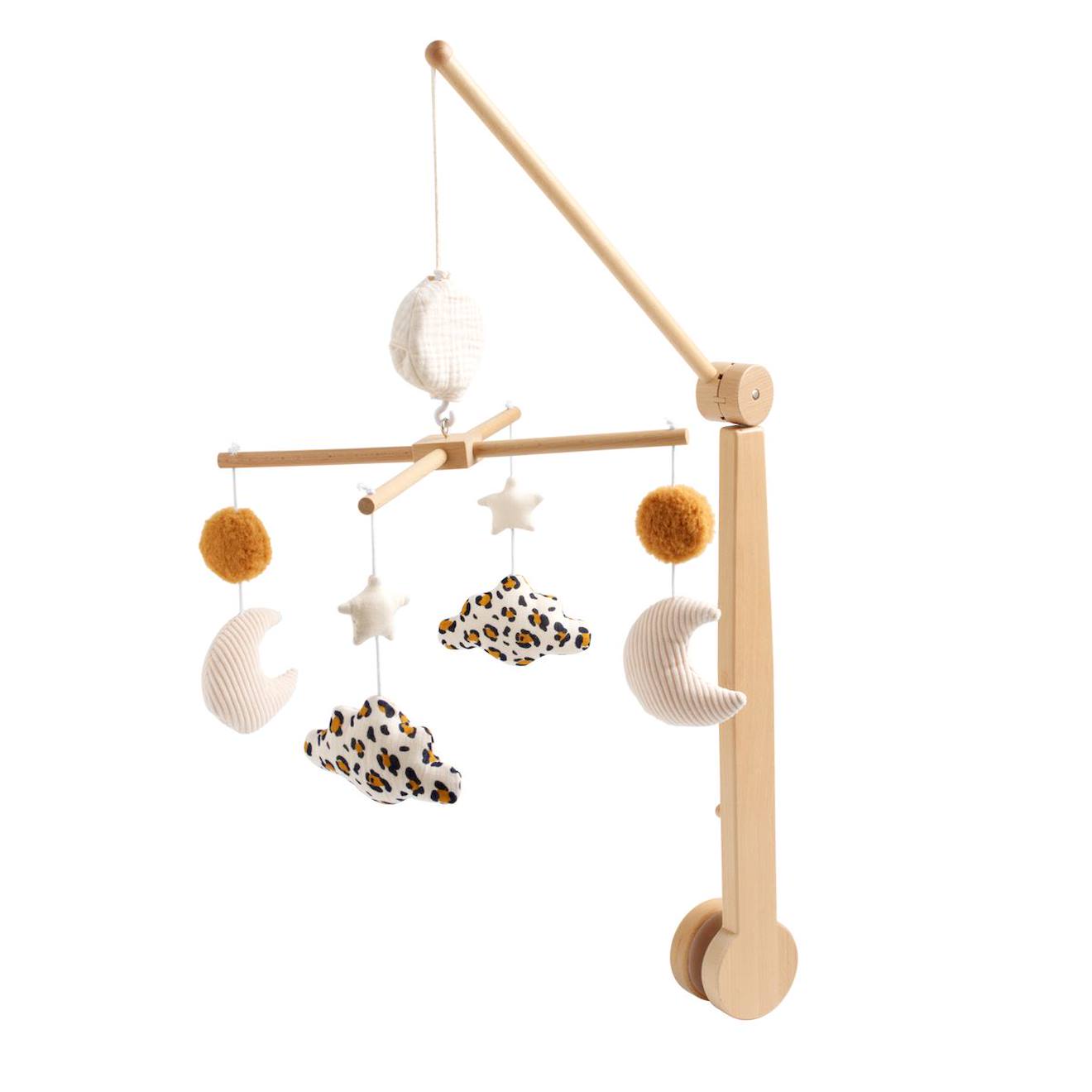 Mobile musical bébé en bois avec 4 jouets - leopard ecru/caramel