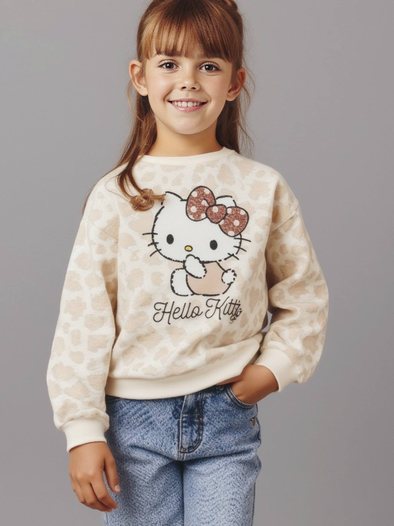 Sweat Hello Kitty imprimé leopard fille écru