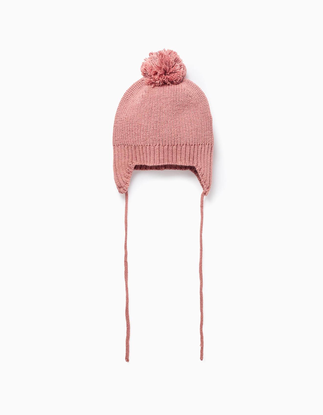 Bonnet En Maille Avec Lien À Nouer Et Pompon Rose