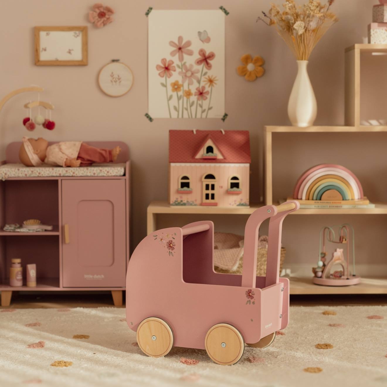 Howa Poussette De Poupée En Bois Rainbow – Avec Capote, Matelas, Couverture, Roues Silencieuses, Cadeau Dès 1 An