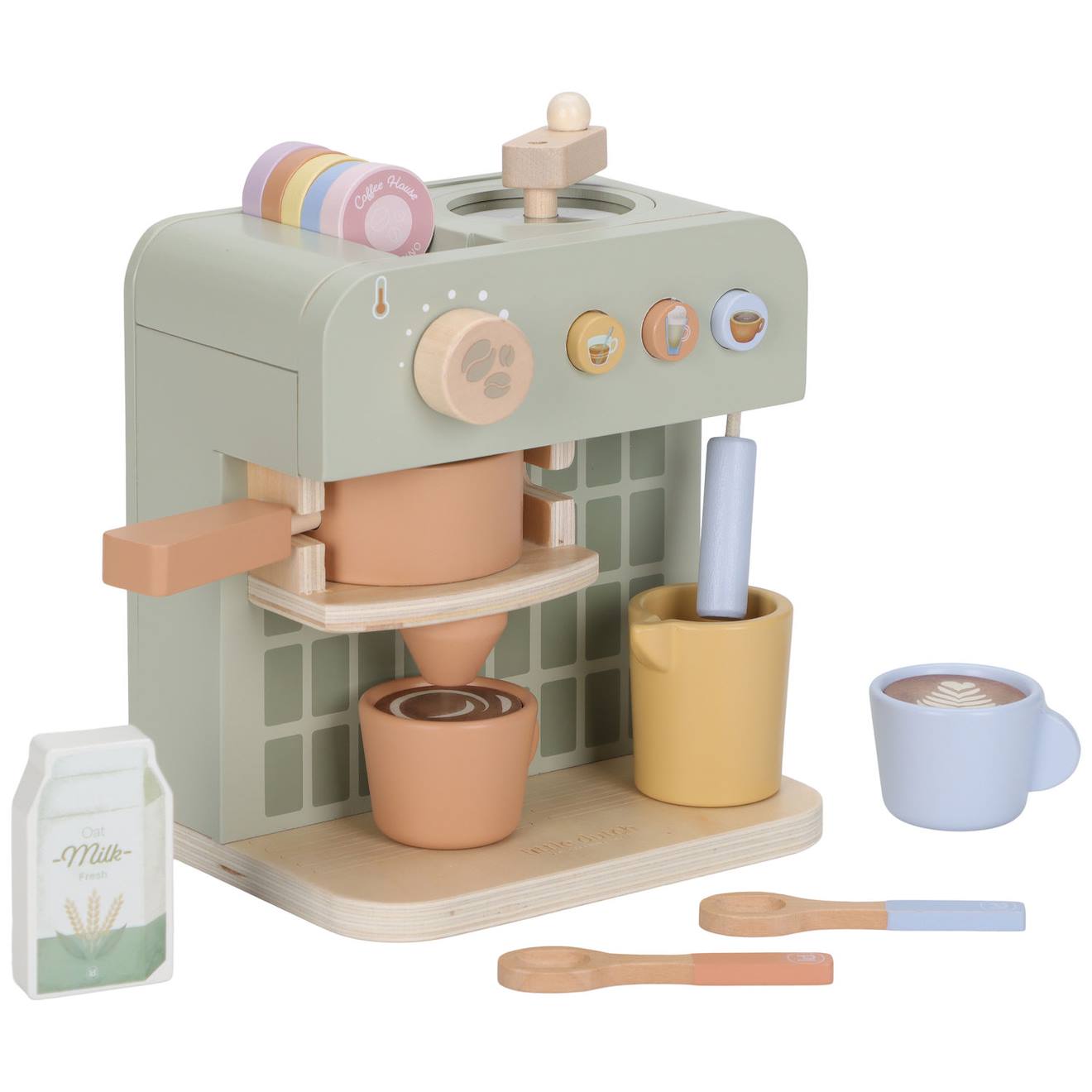 Machine à café en bois vert, bleu, jaune