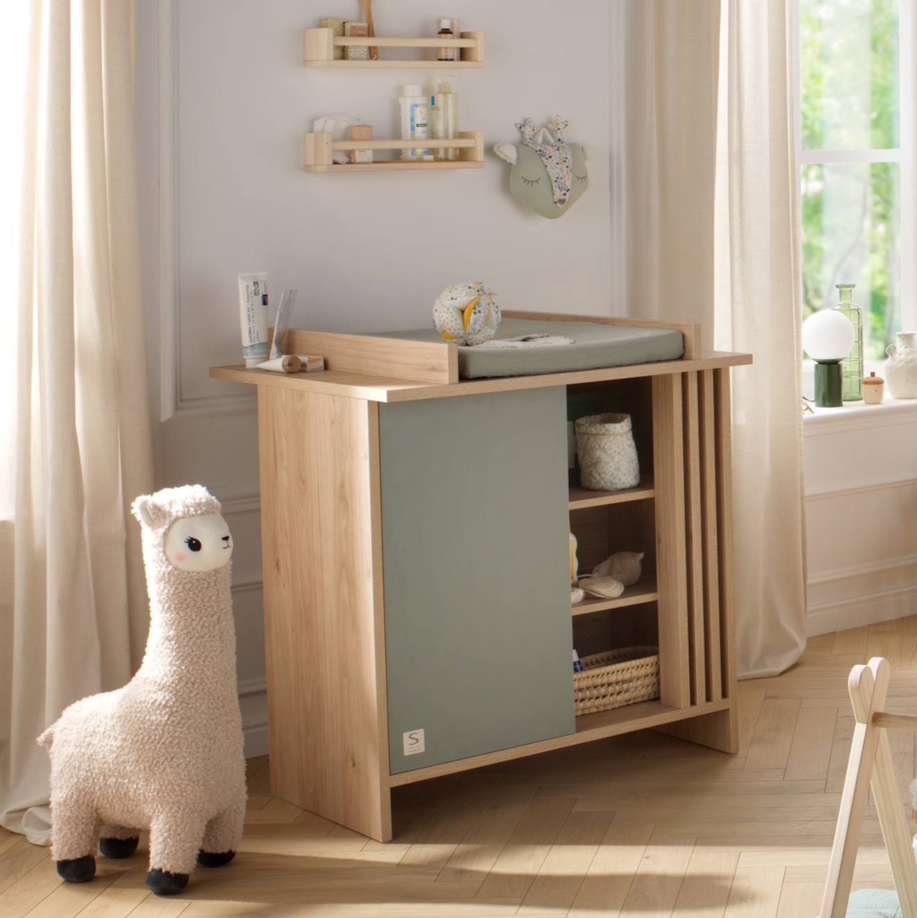 Commode 1 Porte Colorée Et 3 Niches Avec Claustra En Bois Décor Chêne Suave - Tokyo Vert/marron