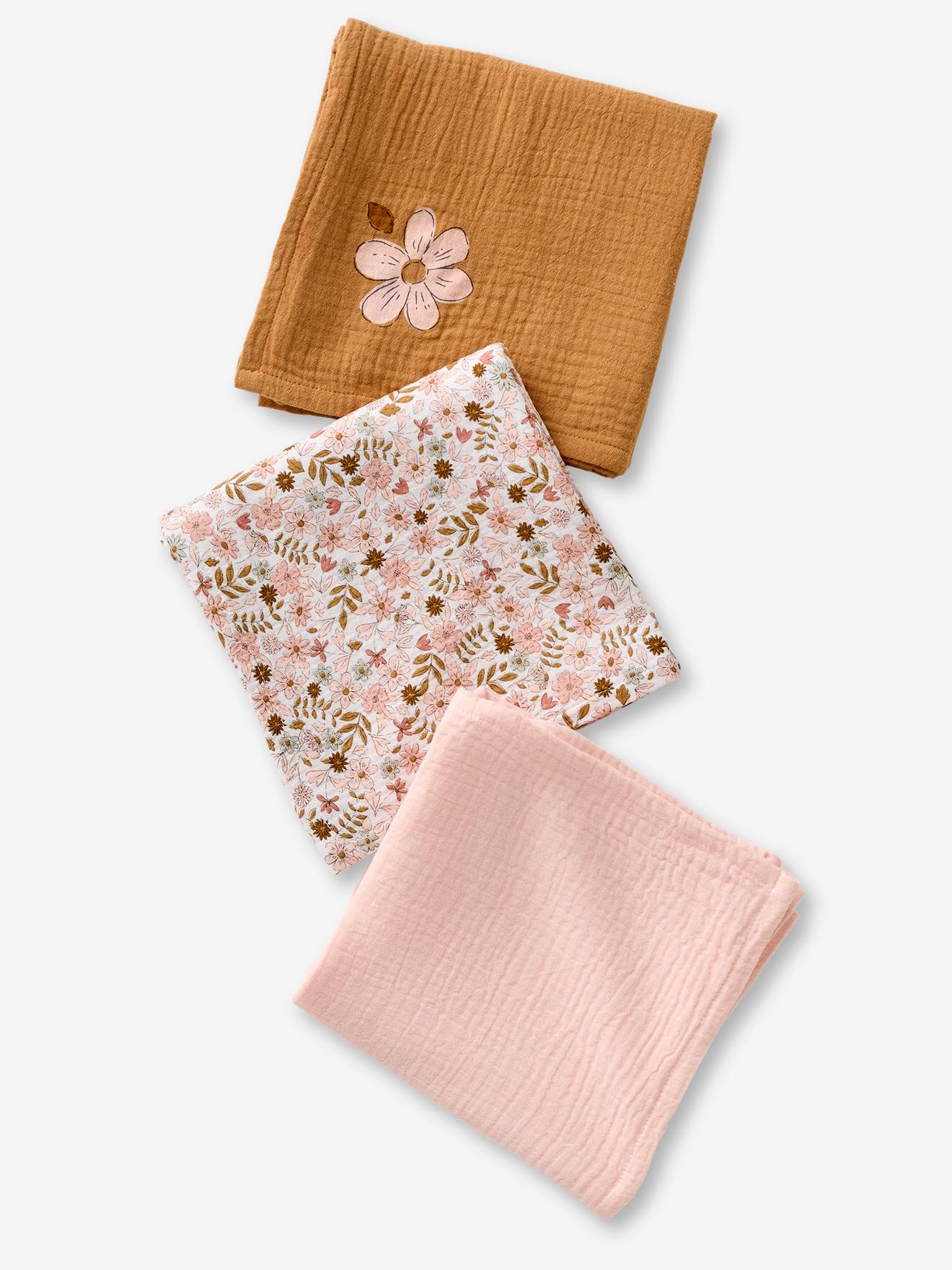 Lot de 3 langes en gaze de coton FLORA caramel