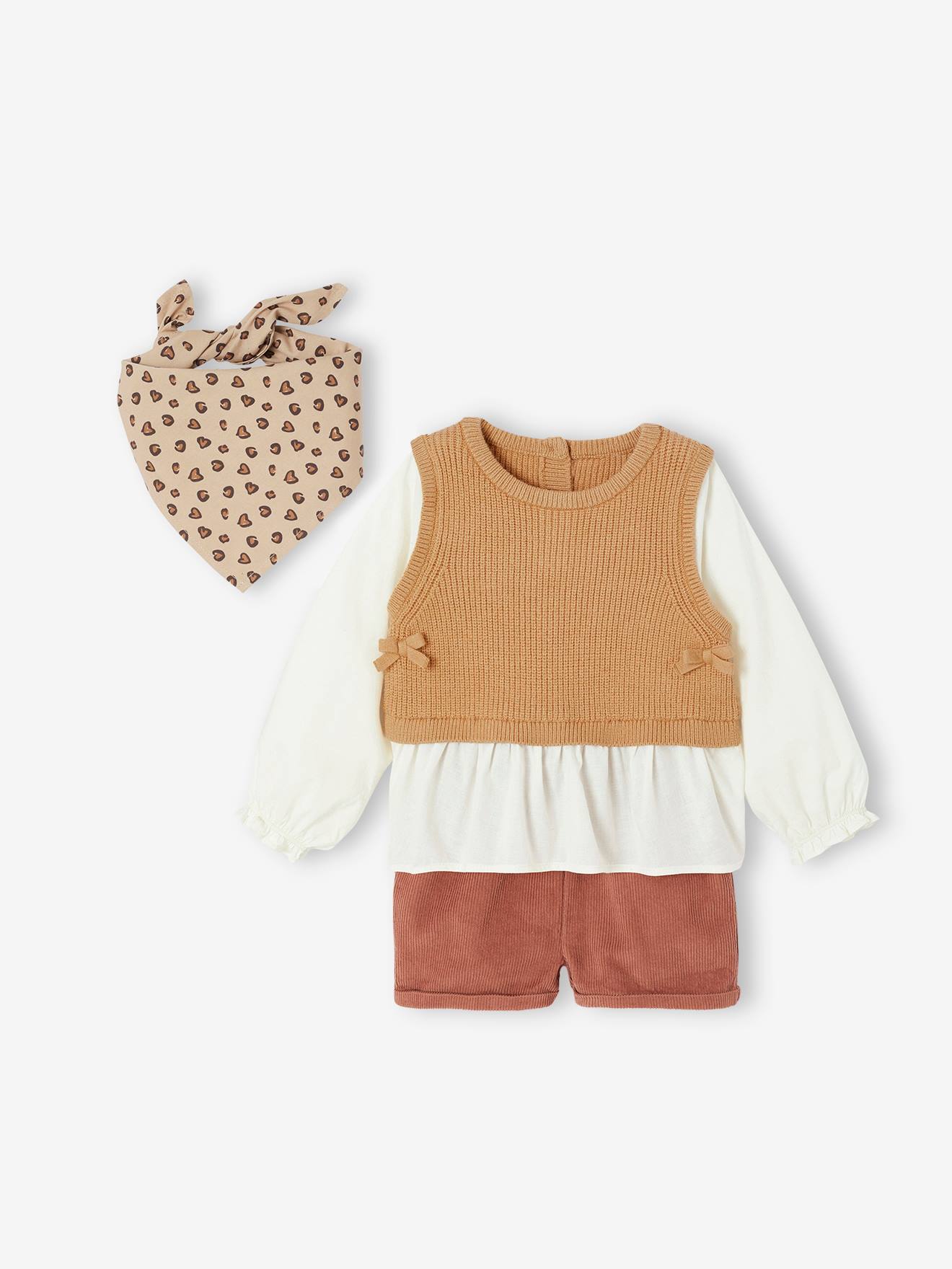 Ensemble 3 pièces bébé pull 2 en 1 + short + foulard terracotta